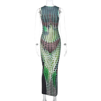 Crewneck Trompe Loeil Body Print Contrast Sleeveless Maxi Dress