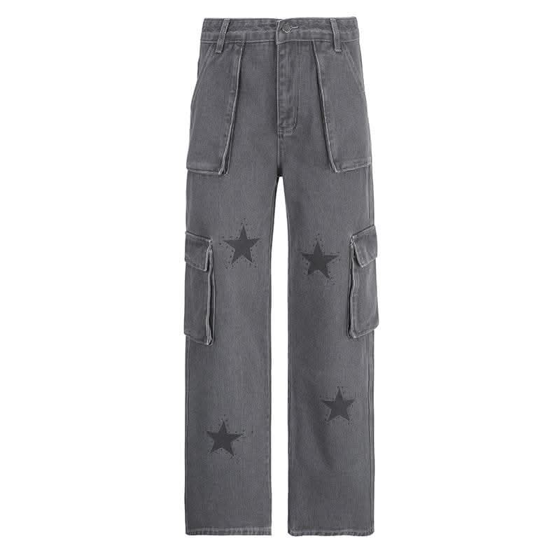 Contrast denim star pattern zip-up pocket jeans-final-sale