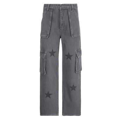 Contrast denim star pattern zip-up pocket jeans-final-sale