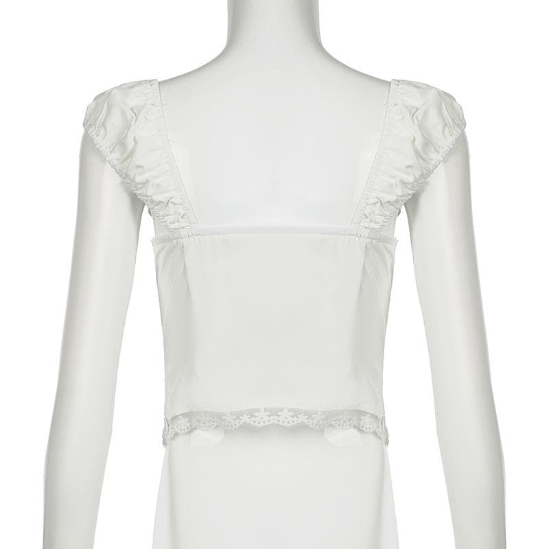 Cap sleeve lace hem lace up ruched top