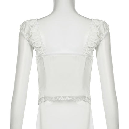 Cap sleeve lace hem lace up ruched top