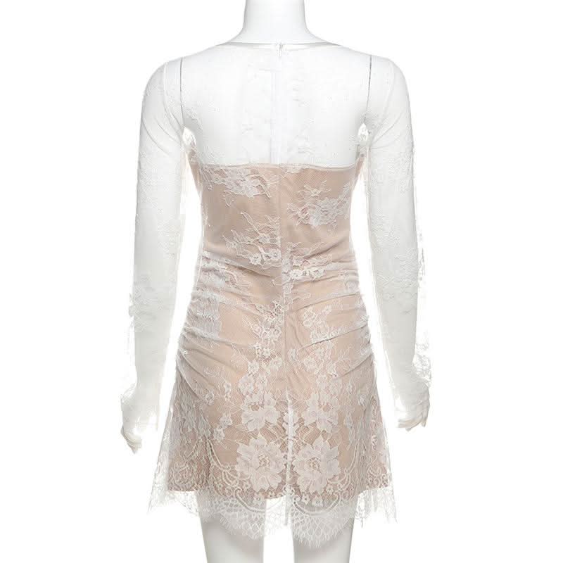 Long sleeve lace zip-up ruched mini dress