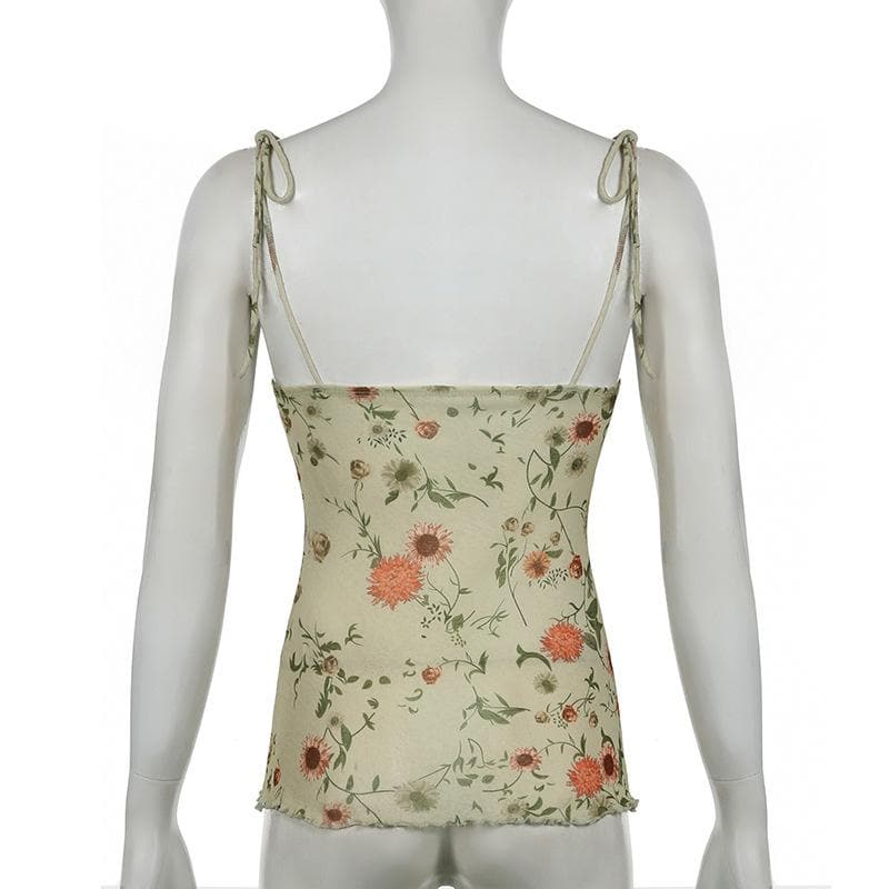 Lace hem flower print ruffle cami top