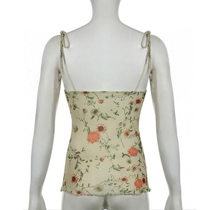 Lace hem flower print ruffle cami top