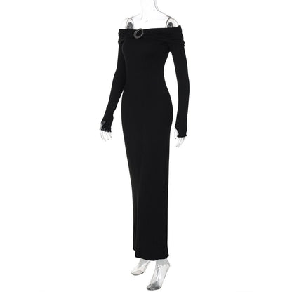 Off shoulder long sleeve slit o ring maxi dress