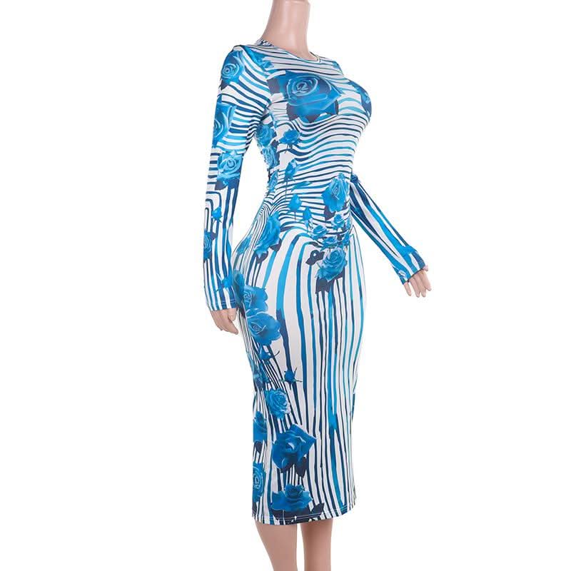 Crewneck long sleeve striped flower print midi dress