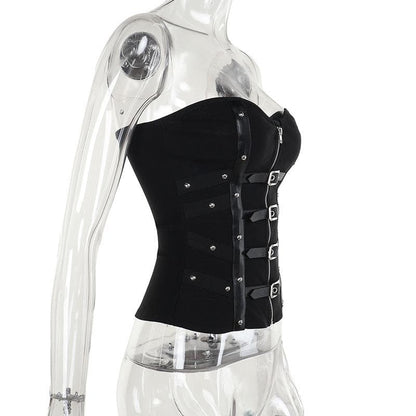 PU leather patchwork buckle zip-up tube top