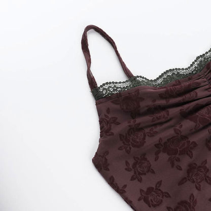 Lace hem ruched flower pattern mesh cami top