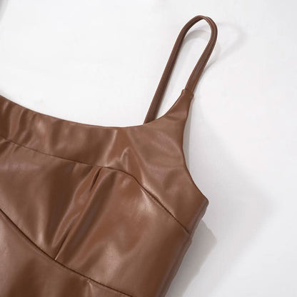 U neck PU leather zip-up backless solid mini dress
