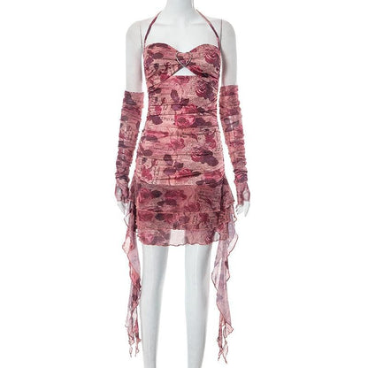 Newspaper Floral Print Halter Heart Buckle Cutout Ruched Ruffle Mini Dress