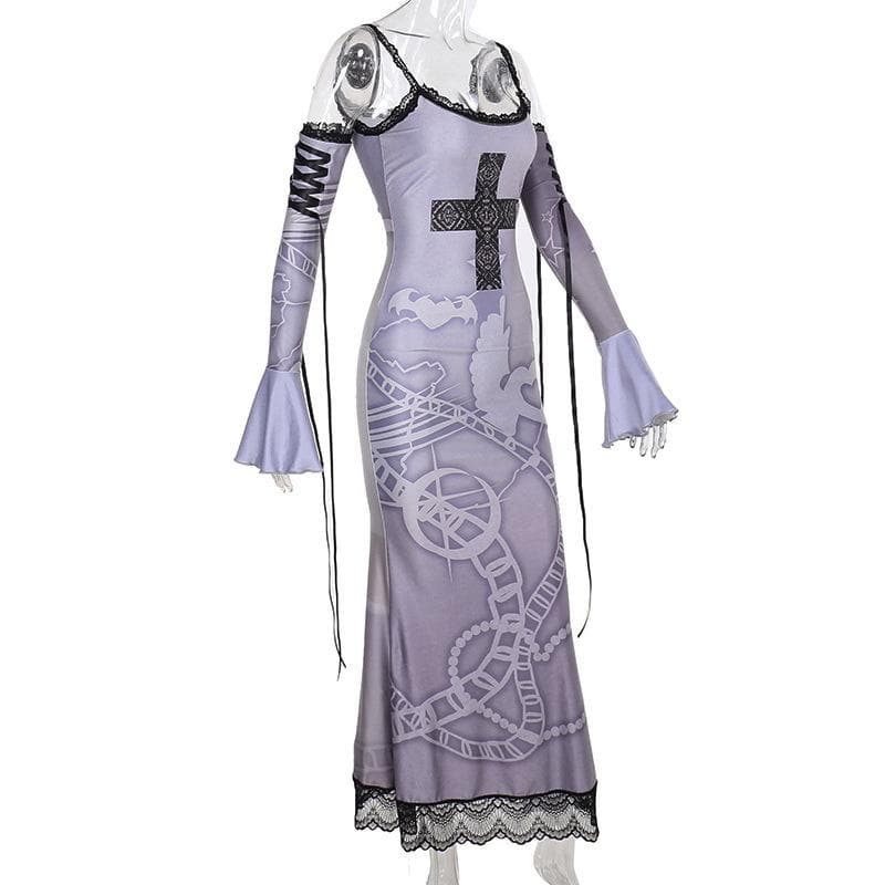 Long flared sleeve off shoulder cross print lace cami maxi dress