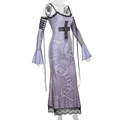 Long flared sleeve off shoulder cross print lace cami maxi dress