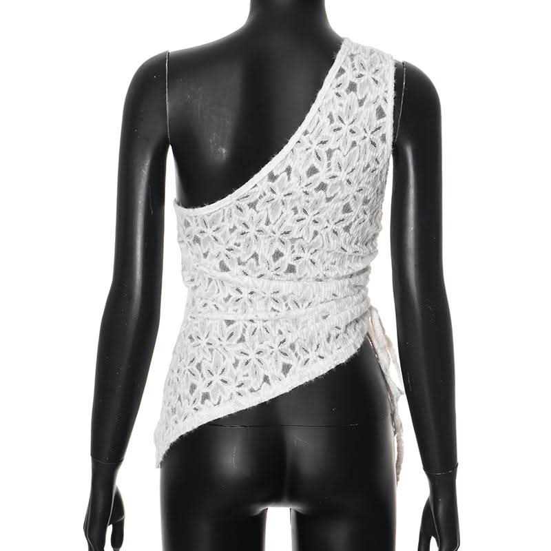 One shouler drawstring lace fluffy top