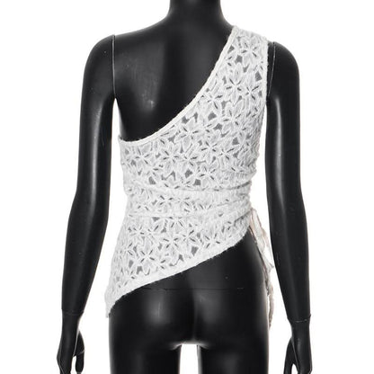 One shouler drawstring lace fluffy top