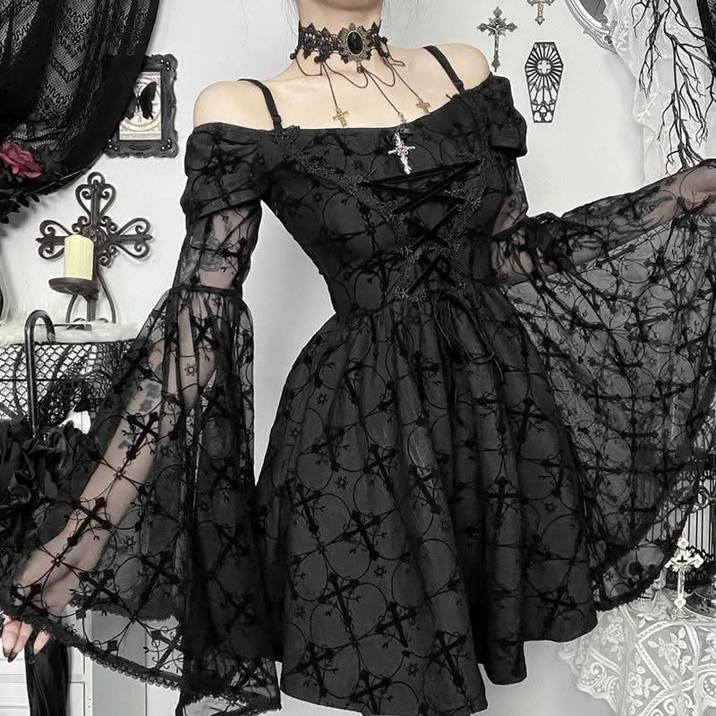 Long flared sleeve off shoulder cross applique mini dress