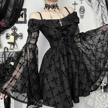 Long flared sleeve off shoulder cross applique mini dress