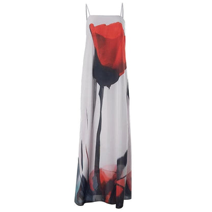 Abstract Ink Wash Floral Square Neck Spaghetti Strap Maxi Dress