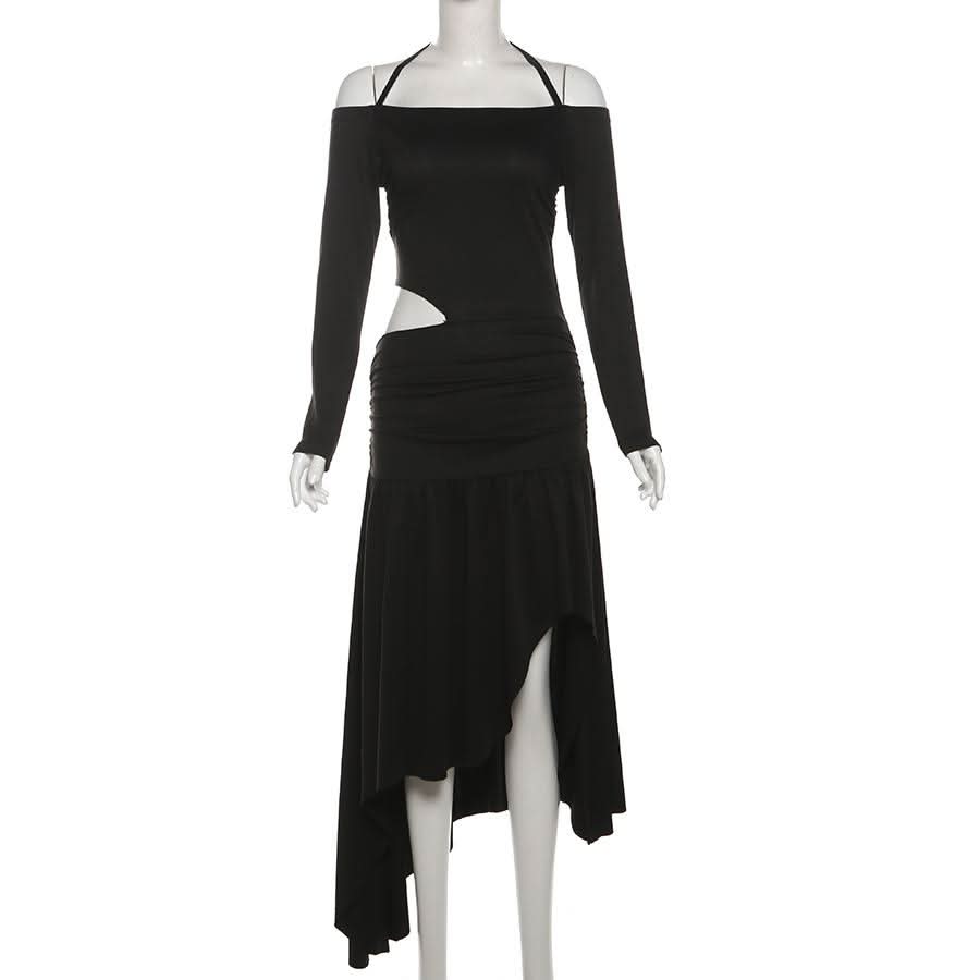 Halter long sleeve off shoulder hollow out cut out maxi dress