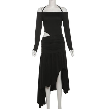 Halter long sleeve off shoulder hollow out cut out maxi dress