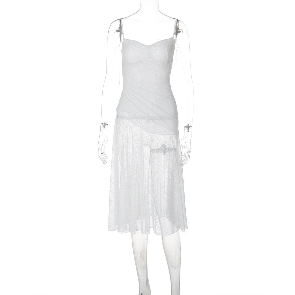 Lace ruched see through cami midi dress