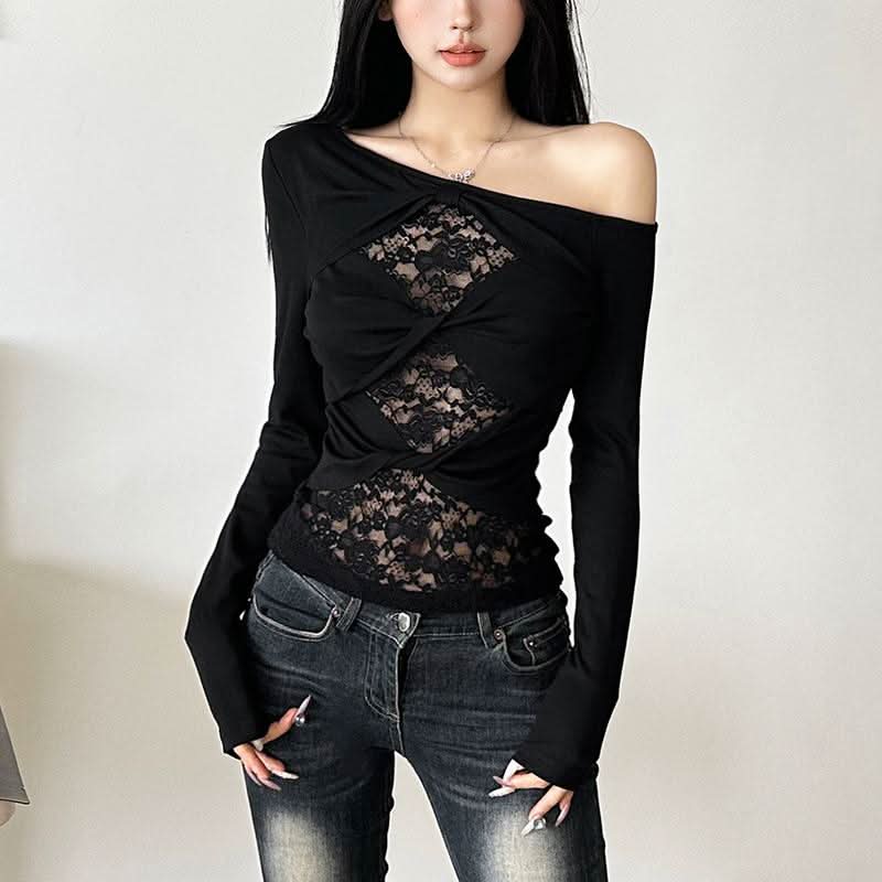 Off shoulder long sleeve lace patchwork top