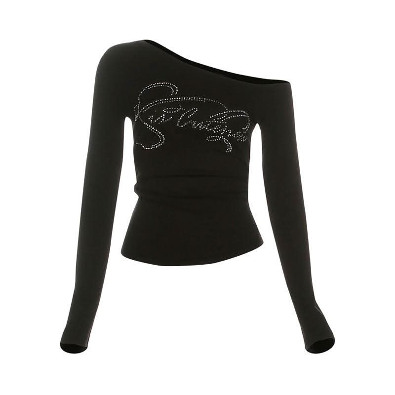 Long sleeve beaded one shoulder ruched top