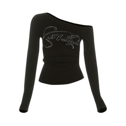 Long sleeve beaded one shoulder ruched top