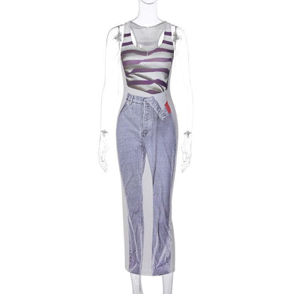 Tank Print Trompe Loeil Denim Graphic Bodycon Maxi Dress