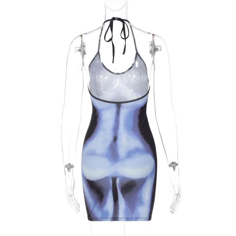 Abstract Body Print Halter Neck Self Tie Backless Mini Dress
