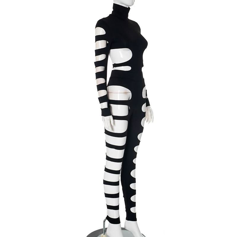 High neck long sleeve hollow out pant set