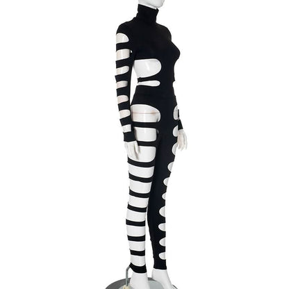 High neck long sleeve hollow out pant set