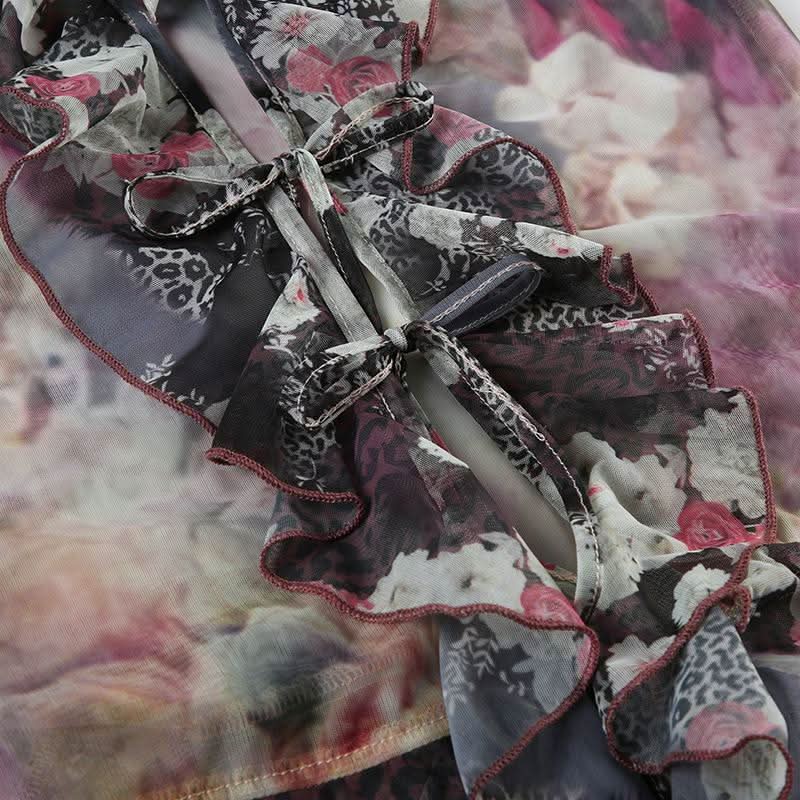 Long flared sleeve mesh abstract ruffle self tie top