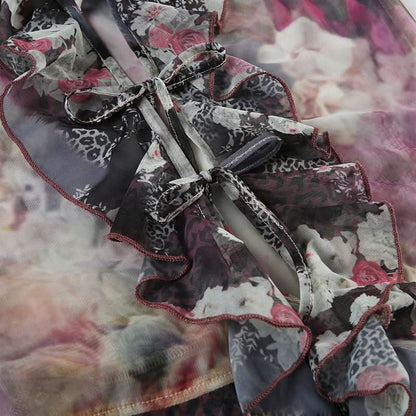 Long flared sleeve mesh abstract ruffle self tie top