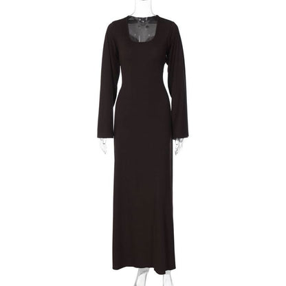 Long sleeve u neck ribbed solid maxi dress