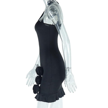 One shoulder irregular flower applique ruffle mini dress