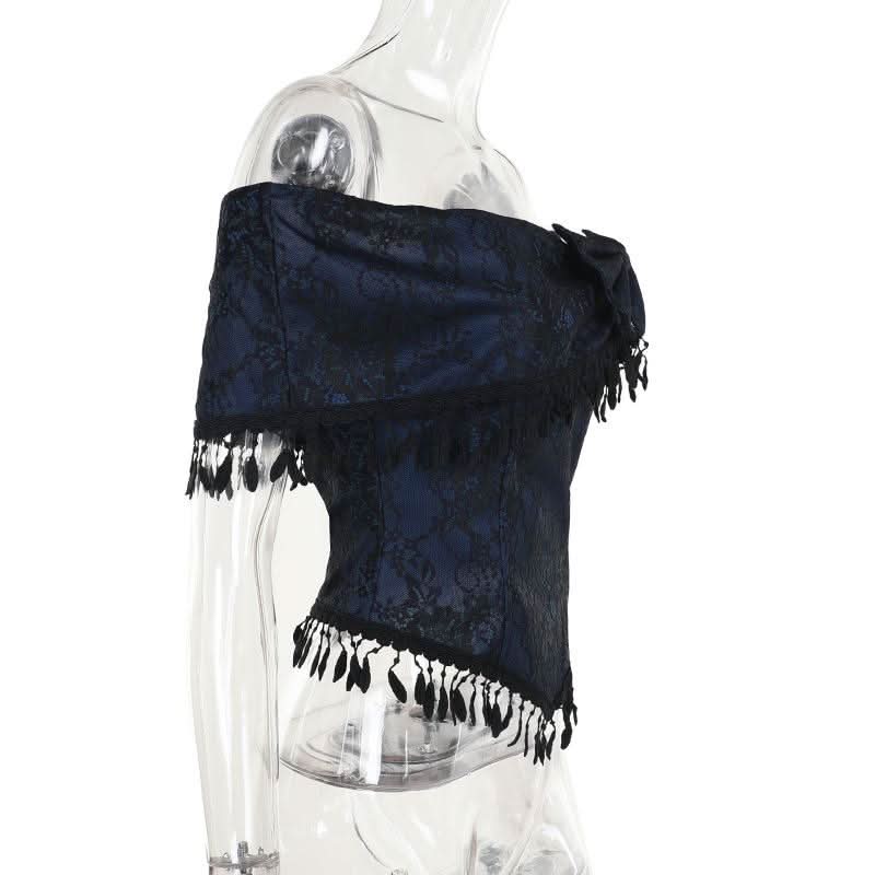 Off shoulder bowknot tassels lace top