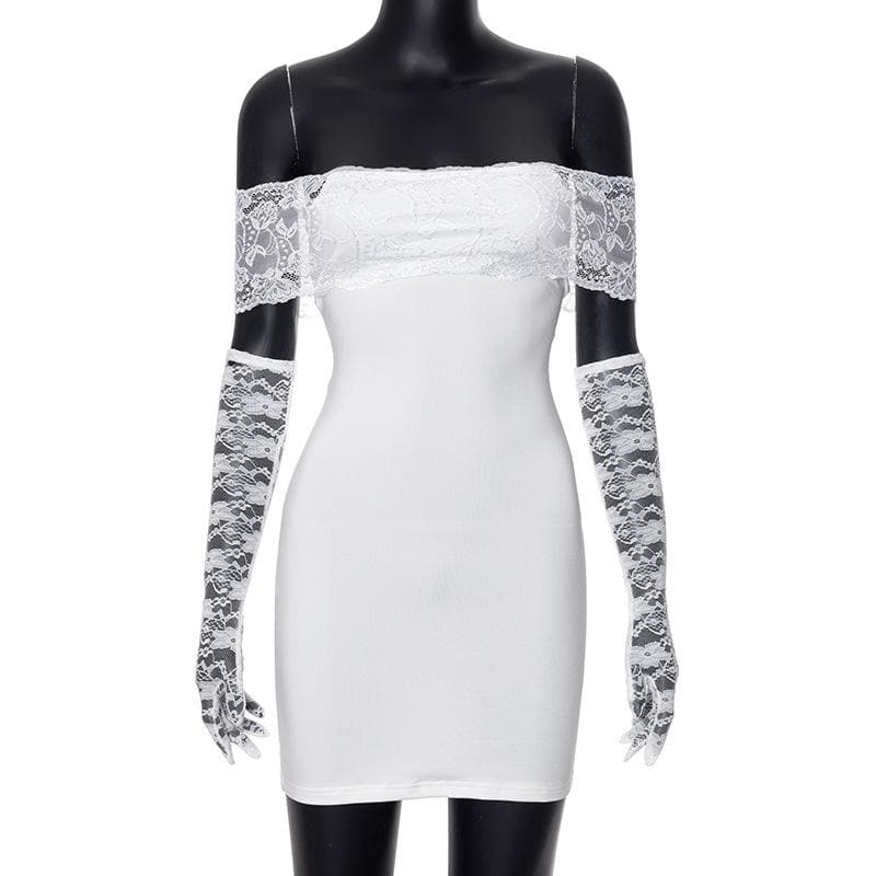 Off shoulder gloves patchwork lace mini dress