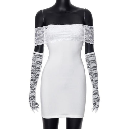 Off shoulder gloves patchwork lace mini dress