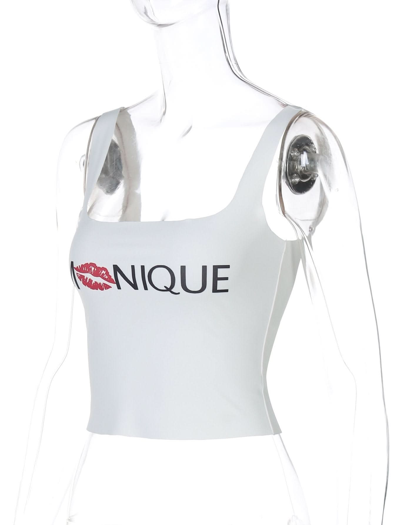 Square neck "MNIQUE" pattern backless cami top