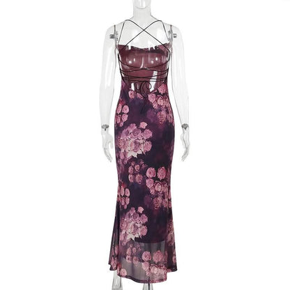 Cross back square neck flower print spaghetti strap maxi dress