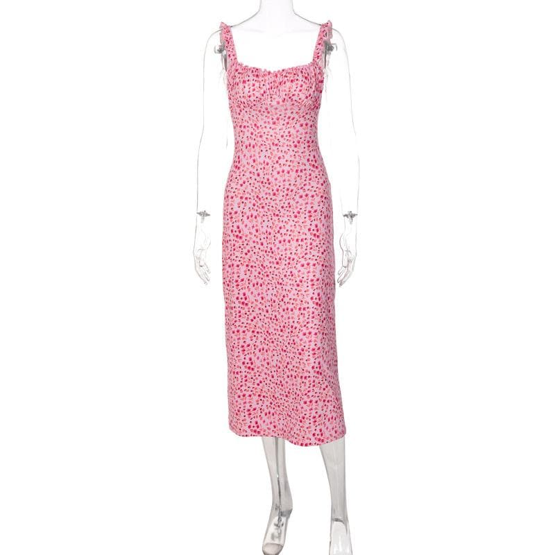 Ruffle Strap Ruched Bust Ditsy Floral Bodycon Midi Dress