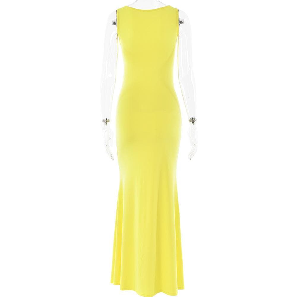 Sleeveless crewneck ruched knotted solid maxi dress