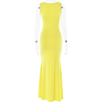 Sleeveless crewneck ruched knotted solid maxi dress