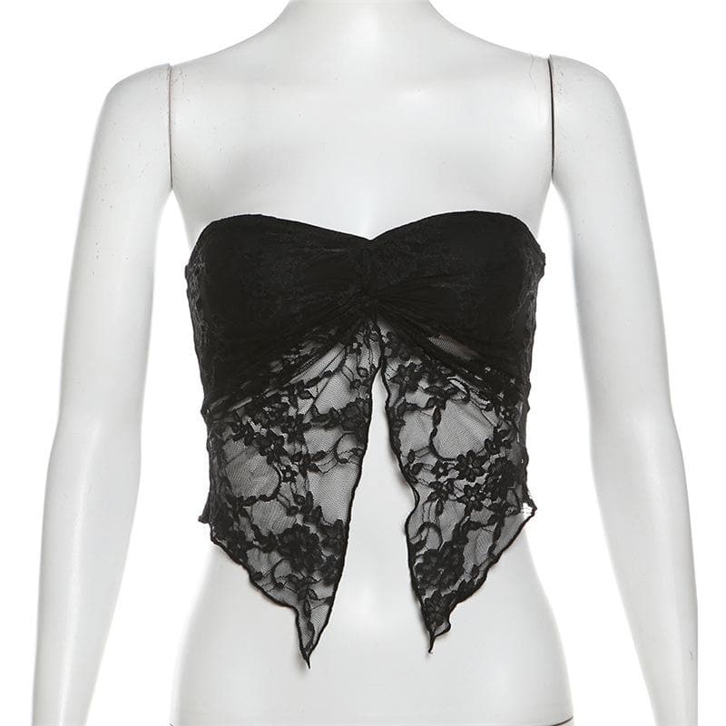 Lace ruched slit ruffle solid tube top
