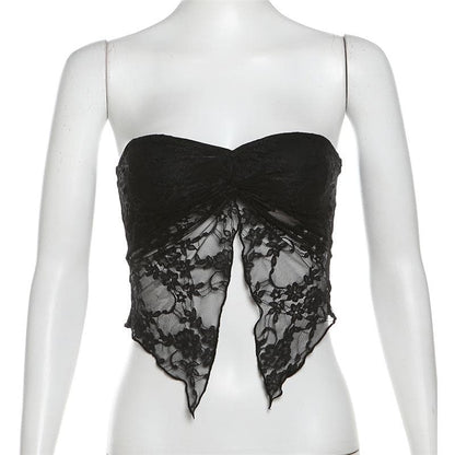 Lace ruched slit ruffle solid tube top