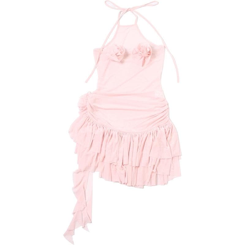Halter sheer mesh ruffle flower applique mini dress