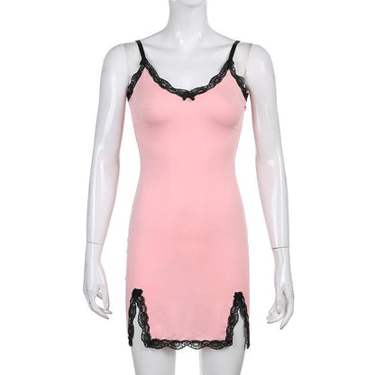 V neck slit lace hem bowknot cami mini dress