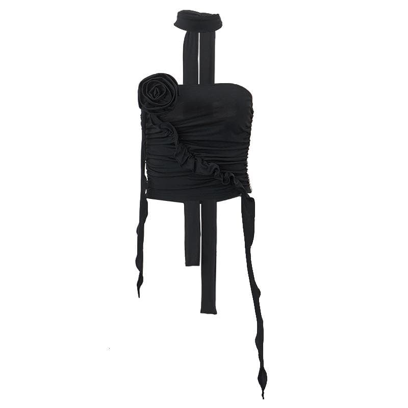 Flower applique solid halter ruched tube crop top