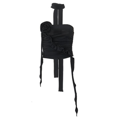 Flower applique solid halter ruched tube crop top