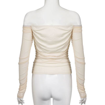 Long sleeve off shoulder mesh ruched top